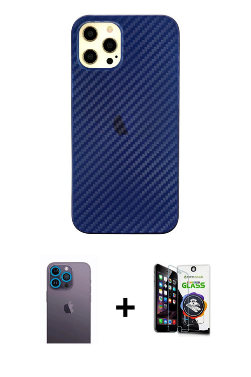 ieg™ iPhone 12 Pro Max Kılıf Nova Çizgi - Şeffaf Temperli Cam Ekran Koruyucu + Mavi Neon Fosforlu Ka