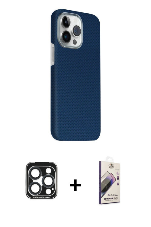 ieg™ iPhone 15 Pro Max Kılıf Kozmos Klasik Prime - Siyah Bilvis 3D Mat Cam Ekran Koruyucu + Lacivert
