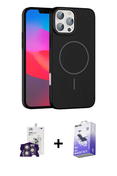 iPhone 16 Pro Max Kılıf Siluet Doku Özel Seri - Siyah Bilvis 5in1 5D Magic Hayalet Cam Ekran Ko