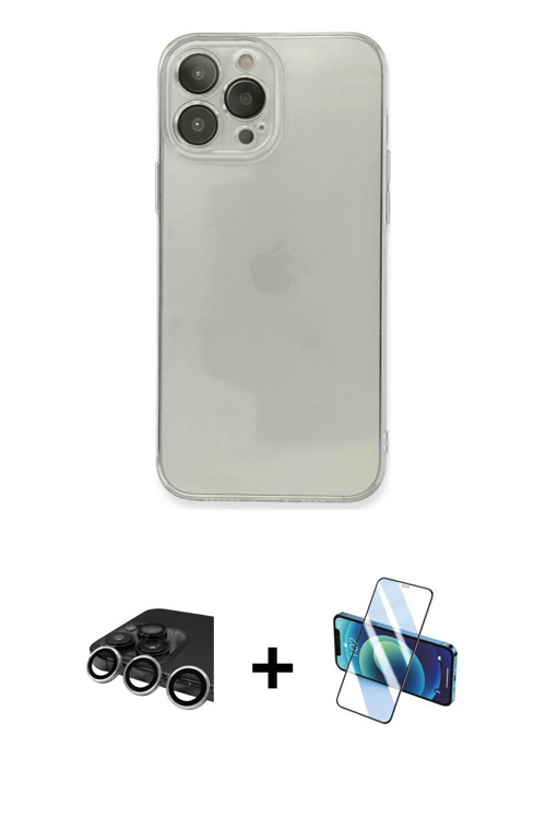 ieg™ iPhone 13 Pro Max Kılıf Ahenk Doku - Siyah 3D Antistatik Cam Ekran Koruyucu + Gümüş Raze Metal