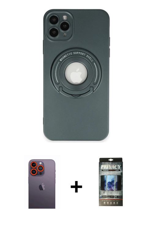 iPhone 12 Pro Kılıf Eksen Klasik Prime - Siyah 34D Hayalet Izgaralı Cam + Turuncu Neon Fosforlu