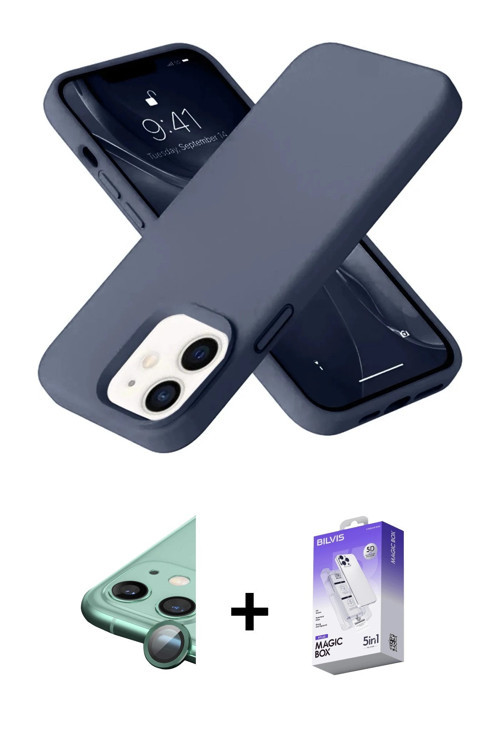 ieg™ iPhone 12 Kılıf Ahenk Serisi - Siyah Bilvis 5in1 3D Magic Cam Ekran Koruyucu + Yeşil Raze Metal