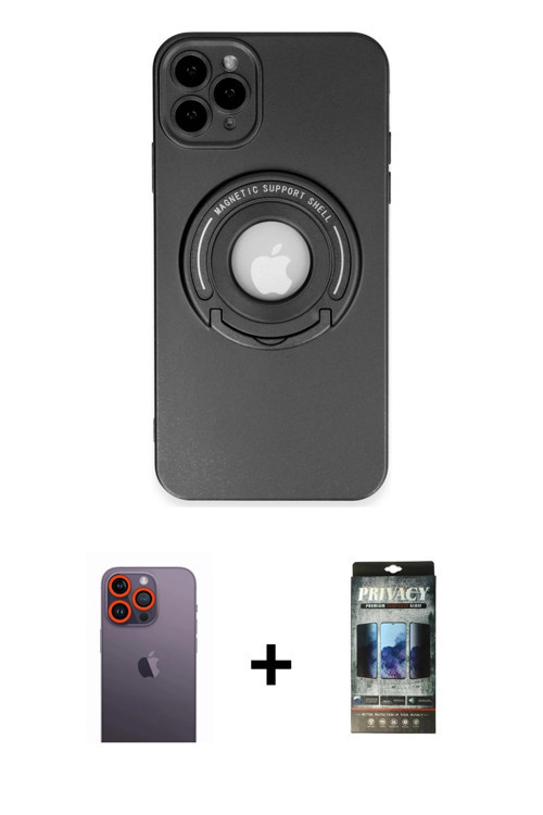 iPhone 12 Pro Kılıf Eksen Klasik Prime - Siyah 34D Hayalet Izgaralı Cam + Turuncu Neon Fosforlu
