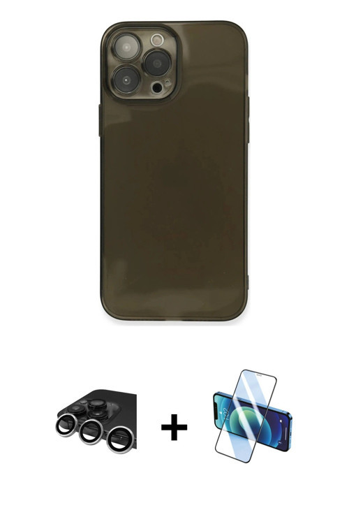 ieg™ iPhone 13 Pro Max Kılıf Ahenk Doku - Siyah 3D Antistatik Cam Ekran Koruyucu + Gümüş Raze Metal