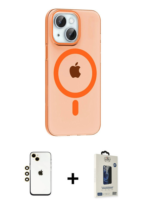 iPhone 14 Kılıf Pusula Form Özel Seri - Siyah Bilvis Hayalet Cam Ekran Koruyucu + Gold Shine Ka