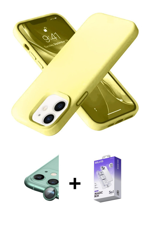 ieg™ iPhone 12 Kılıf Ahenk Serisi - Siyah Bilvis 5in1 3D Magic Cam Ekran Koruyucu + Yeşil Raze Metal