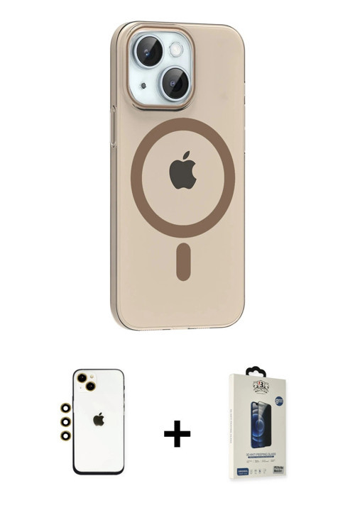 iPhone 14 Kılıf Pusula Form Özel Seri - Siyah Bilvis Hayalet Cam Ekran Koruyucu + Gold Shine Ka