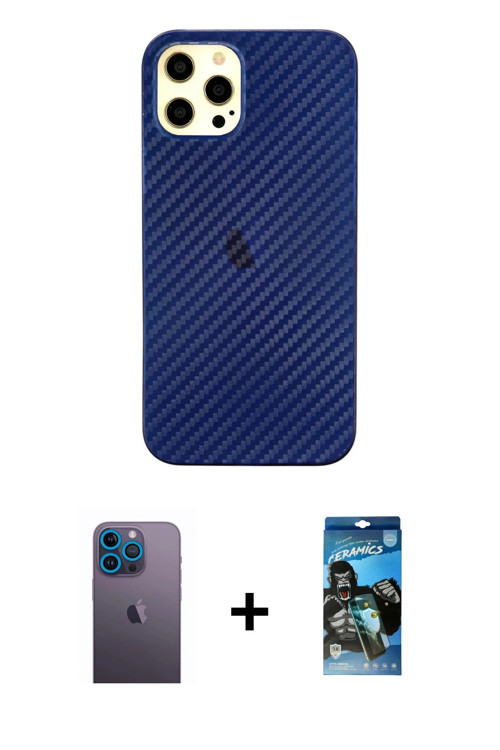 ieg™ iPhone 12 Pro Max Kılıf Nova Çizgi - Siyah 34D Izgaralı Cam + Mavi Neon Fosforlu Kamera Lens