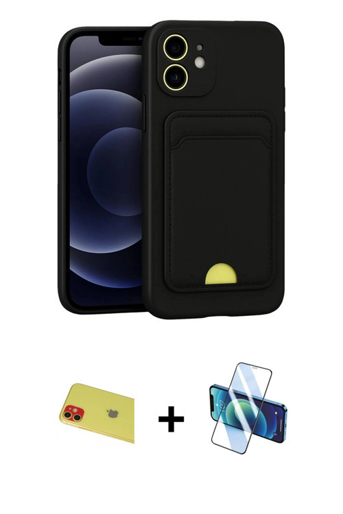 iPhone 11 Kılıf Vadi Çizgi Prime - Siyah 3D Antistatik Cam Ekran Koruyucu + Kırmızı Rainbow Kam