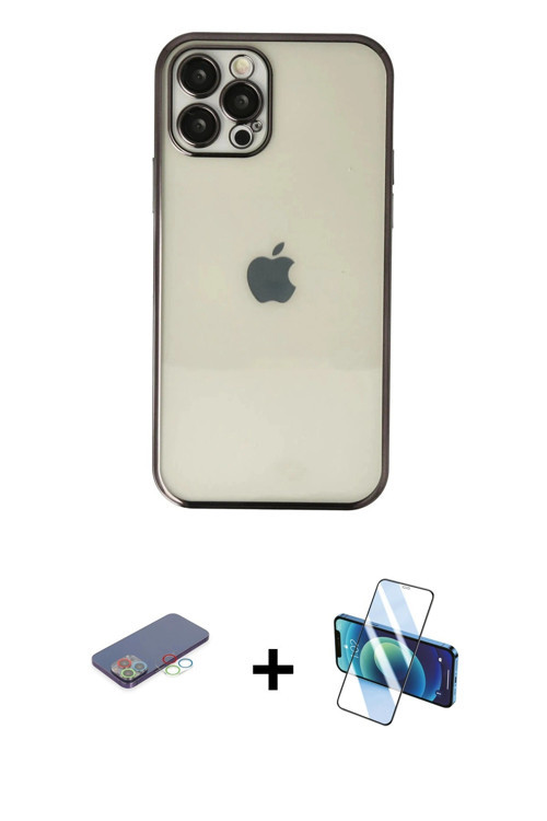ieg™ iPhone 12 Pro Max Kılıf Vadi Minimal - Siyah 3D Antistatik Cam Ekran Koruyucu + Mavi Renkli Kam