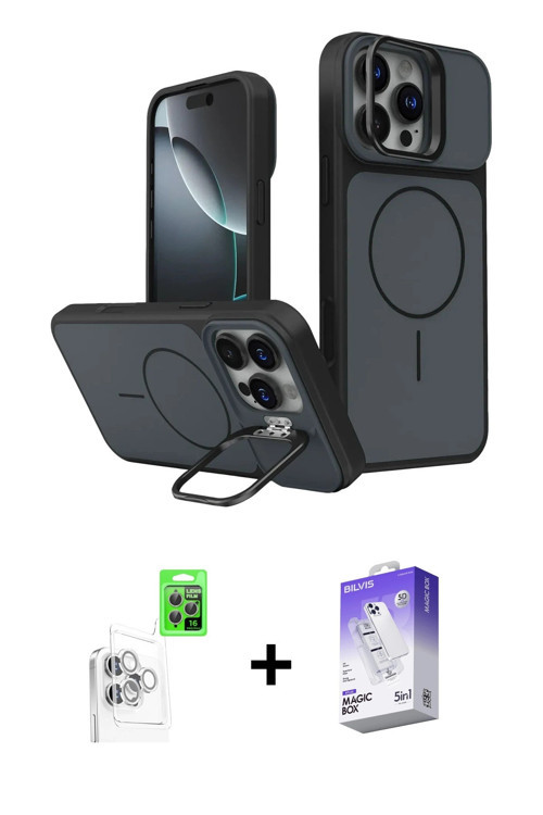 ieg™ iPhone 16 Pro Max Kılıf İz Modern Prime - Siyah Bilvis 5in1 3D Magic Cam Ekran Koruyucu + Beyaz