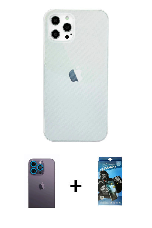 ieg™ iPhone 12 Pro Max Kılıf Nova Çizgi - Siyah 34D Izgaralı Cam + Mavi Neon Fosforlu Kamera Lens
