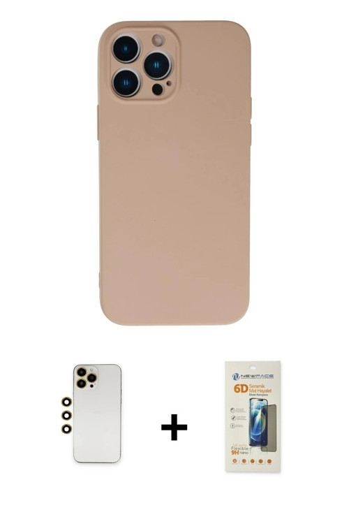 ieg™ iPhone 13 Pro Max Kılıf Ahenk Serisi - Siyah 6D Mat Seramik Hayalet Nano Ekran Koruyucu + Gold