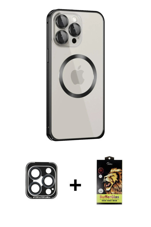 ieg™ iPhone 15 Pro Max Kılıf Ahenk Işık Serisi - Siyah Buffer Cam Ekran Koruyucu + Lacivert PVD Meta