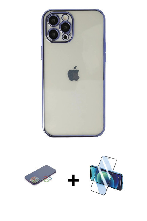 ieg™ iPhone 12 Pro Max Kılıf Vadi Minimal - Siyah 3D Antistatik Cam Ekran Koruyucu + Mavi Renkli Kam