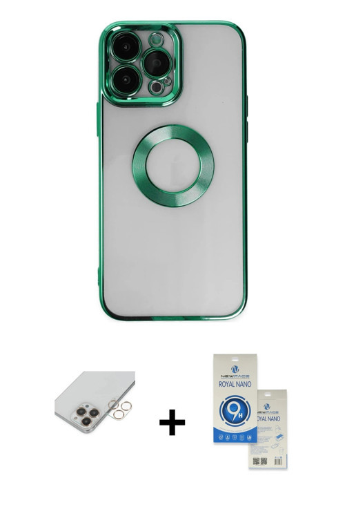 ieg™ iPhone 14 Pro Max Kılıf Pusula Form - Şeffaf Royal Nano Ekran Koruyucu + Gold Band Metal Kamera