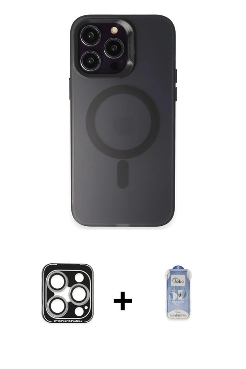 ieg™ iPhone 15 Pro Max Kılıf Kozmos Çizgi Prime - Siyah Joko Magic 5D Cam + Gümüş PVD Metal Kamera L