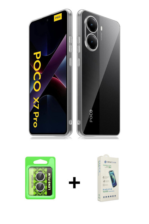 ieg™ Poco X7 Pro Kılıf Zirve Doku - Şeffaf Pasifik Cam Ekran Koruyucu + Gümüş Raze Metal Kamera Lens