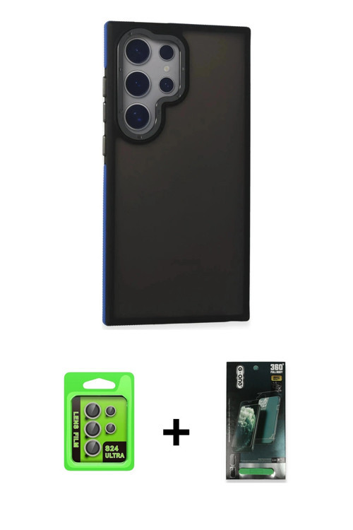 ieg™ Galaxy S24 Ultra Kılıf Eksen Işık - Şeffaf 360 Full Body Arka Koruyucu + Gri Raze Metal Kamera