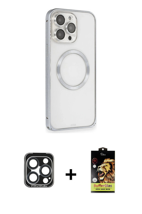 ieg™ iPhone 15 Pro Max Kılıf Ahenk Işık Serisi - Siyah Buffer Cam Ekran Koruyucu + Lacivert PVD Meta