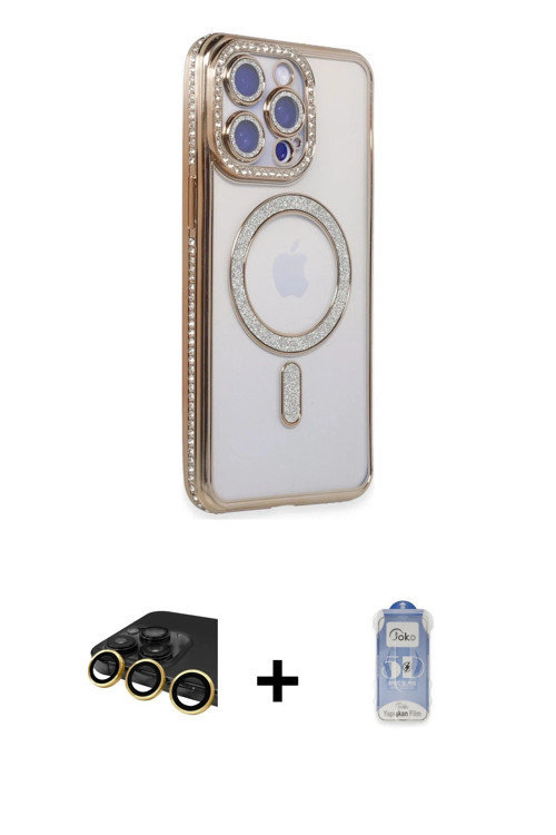 ieg™ iPhone 14 Pro Kılıf Zirve Doku Prime - Siyah Joko Magic 5D Cam + Gold Raze Metal Kamera Lens