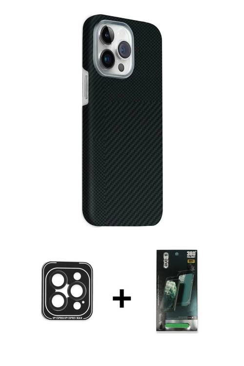 ieg™ iPhone 15 Pro Max Kılıf Kozmos Klasik Prime - Siyah 360 Mat Full Body Arka Koruyucu + Siyah PVD