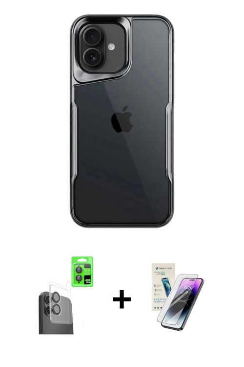 ieg™ iPhone 16 Kılıf Akış Çizgi Koleksiyonu - Şeffaf Pasifik Cam Ekran Koruyucu + Siyah Raze Metal K