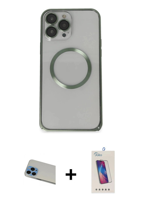 ieg™ iPhone 13 Pro Max Kılıf Ahenk Işık Serisi - Siyah Joko 5D Cam + Mavi Rainbow Kamera Lens Koruma