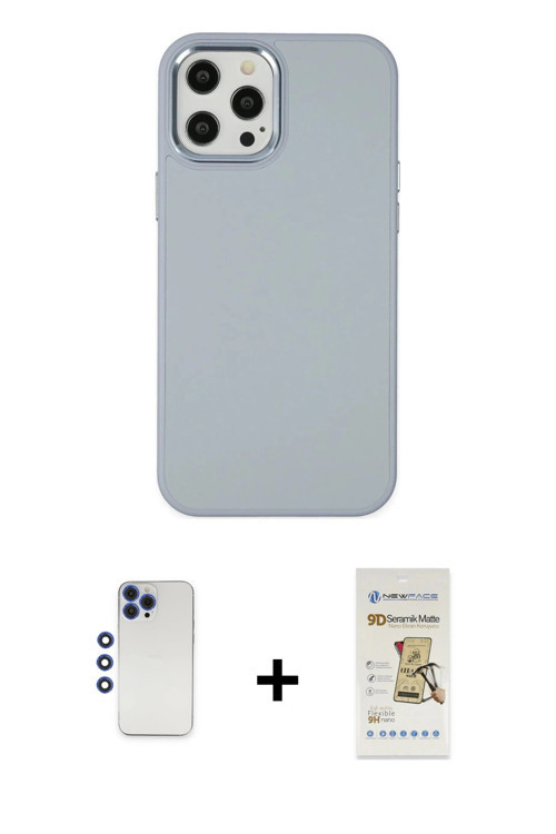 ieg™ iPhone 12 Pro Max Kılıf Çekirdek Çizgi - Siyah Mat Seramik Nano Ekran Koruyucu + Lacivert Shine