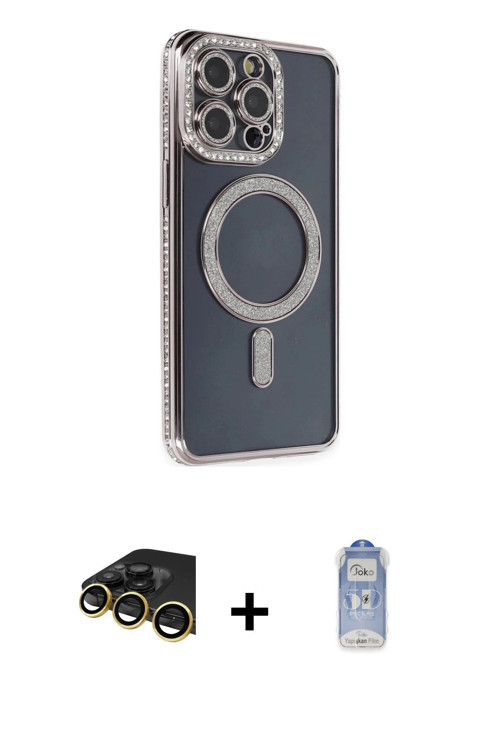 ieg™ iPhone 14 Pro Kılıf Zirve Doku Prime - Siyah Joko Magic 5D Cam + Gold Raze Metal Kamera Lens