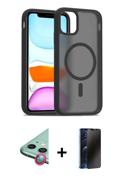 ieg™ iPhone 11 Kılıf Siluet Minimal Prime - Siyah 3D Antistatik Hayalet Cam Ekran Koruyucu + Kırmızı