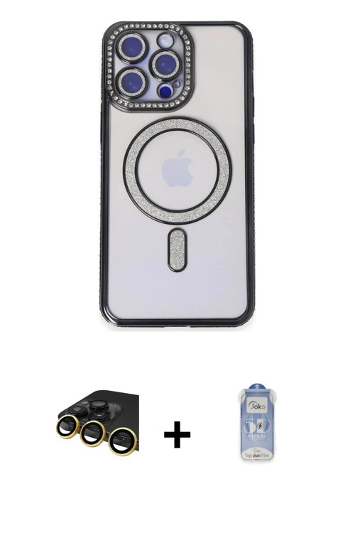 ieg™ iPhone 14 Pro Kılıf Zirve Doku Prime - Siyah Joko Magic 5D Cam + Gold Raze Metal Kamera Lens
