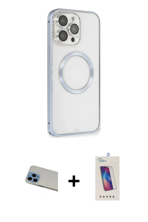 ieg™ iPhone 13 Pro Max Kılıf Ahenk Işık Serisi - Siyah Joko 5D Cam + Mavi Rainbow Kamera Lens Koruma
