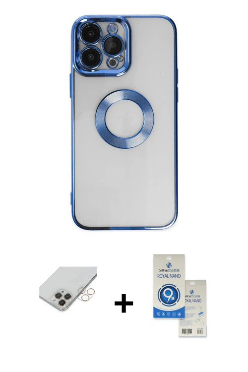 ieg™ iPhone 14 Pro Max Kılıf Pusula Form - Şeffaf Royal Nano Ekran Koruyucu + Gold Band Metal Kamera