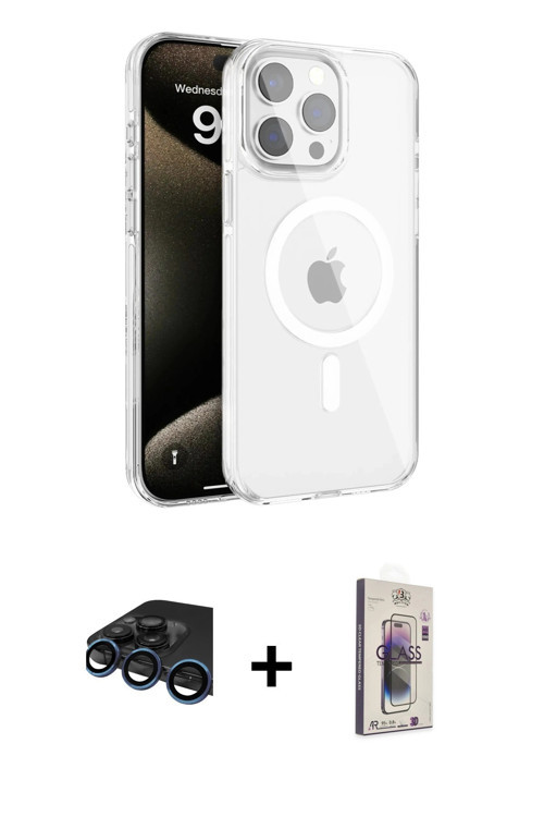 ieg™ iPhone 15 Pro Kılıf Doruk Doku Özel Seri - Siyah Bilvis 3D Cam Ekran Koruyucu + Lacivert Raze M