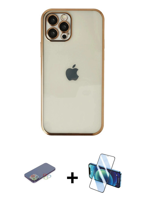 ieg™ iPhone 12 Pro Max Kılıf Vadi Minimal - Siyah 3D Antistatik Cam Ekran Koruyucu + Mavi Renkli Kam