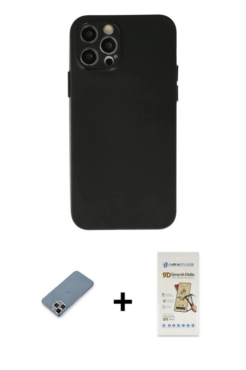ieg™ iPhone 12 Pro Max Kılıf Atlas Minimal Prime - Siyah Mat Seramik Nano Ekran Koruyucu + Gümüş Met