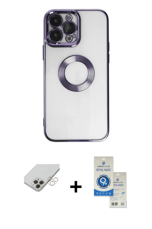 ieg™ iPhone 14 Pro Max Kılıf Pusula Form - Şeffaf Royal Nano Ekran Koruyucu + Gold Band Metal Kamera