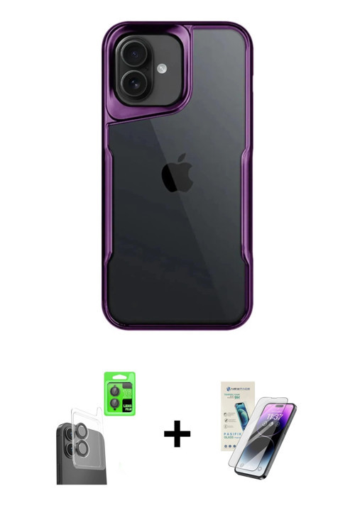 ieg™ iPhone 16 Kılıf Akış Çizgi Koleksiyonu - Şeffaf Pasifik Cam Ekran Koruyucu + Siyah Raze Metal K