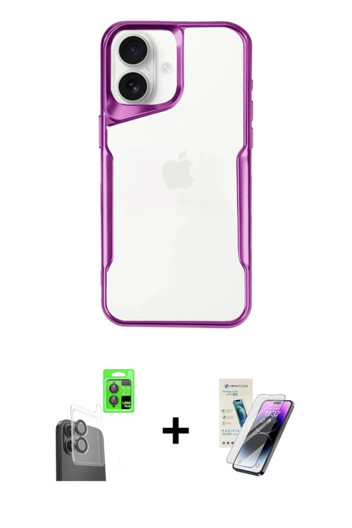 ieg™ iPhone 16 Kılıf Akış Çizgi Koleksiyonu - Şeffaf Pasifik Cam Ekran Koruyucu + Siyah Raze Metal K