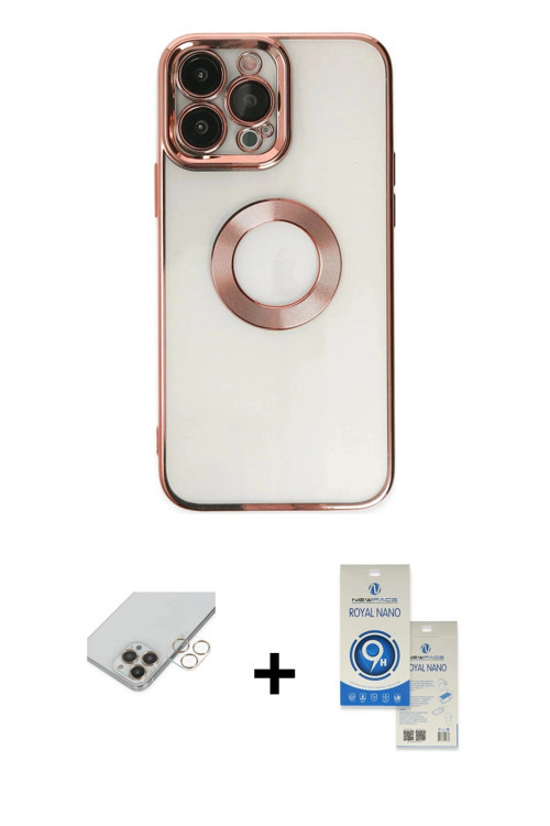 ieg™ iPhone 14 Pro Max Kılıf Pusula Form - Şeffaf Royal Nano Ekran Koruyucu + Gold Band Metal Kamera