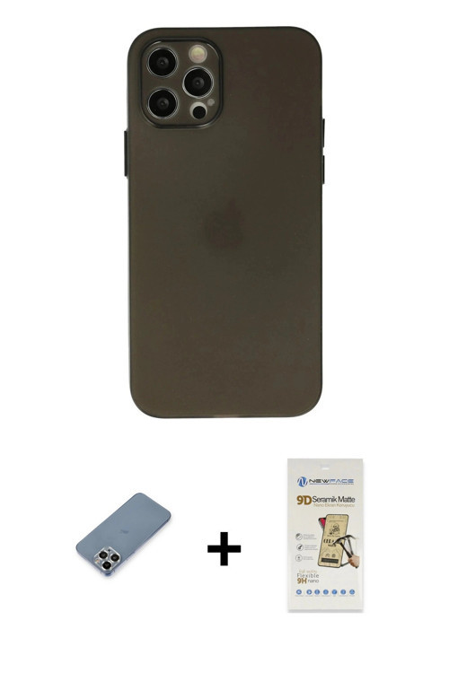 ieg™ iPhone 12 Pro Max Kılıf Atlas Minimal Prime - Siyah Mat Seramik Nano Ekran Koruyucu + Gümüş Met