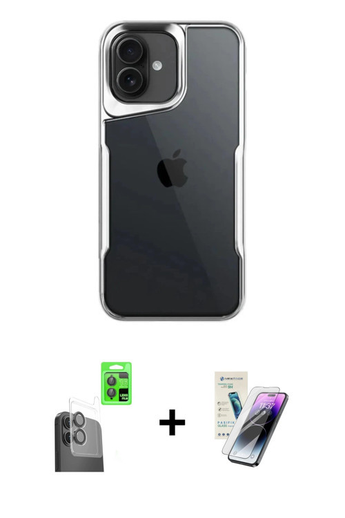 ieg™ iPhone 16 Kılıf Akış Çizgi Koleksiyonu - Şeffaf Pasifik Cam Ekran Koruyucu + Siyah Raze Metal K
