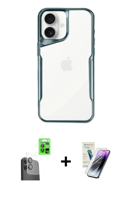 ieg™ iPhone 16 Kılıf Akış Çizgi Koleksiyonu - Şeffaf Pasifik Cam Ekran Koruyucu + Siyah Raze Metal K