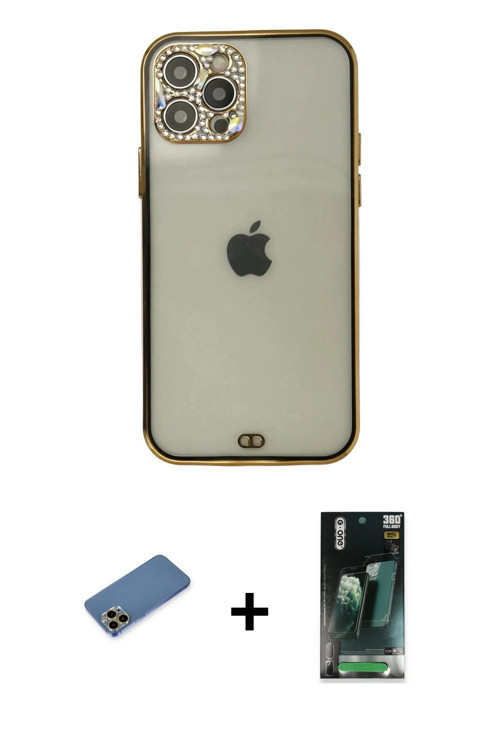 ieg™ iPhone 12 Pro Max Kılıf Eksen Minimal Koleksiyonu - Şeffaf 360 Full Body Arka Koruyucu + Gold S