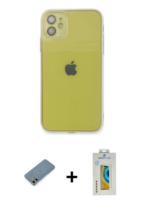 ieg™ iPhone 12 Kılıf Ahenk Doku - Siyah Polymer Nano Ekran Koruyucu + Açık Yeşil Metal Kamera Lens K