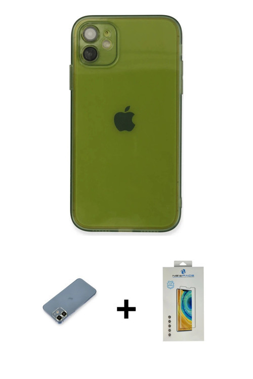 ieg™ iPhone 12 Kılıf Ahenk Doku - Siyah Polymer Nano Ekran Koruyucu + Açık Yeşil Metal Kamera Lens K