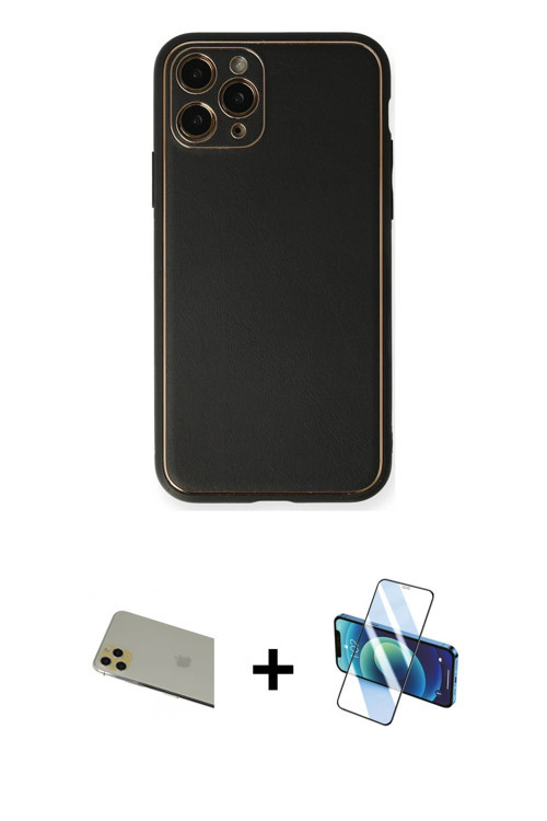 ieg™ iPhone 11 Pro Max Kılıf Yadigar Klasik - Siyah 3D Antistatik Seramik Nano Ekran Koruyucu + Gold