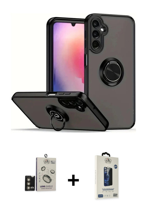 ieg™ Galaxy S24 Kılıf Yörünge Çizgi - Siyah Bilvis Hayalet Cam Ekran Koruyucu + Gold Bilvis Titan Ka