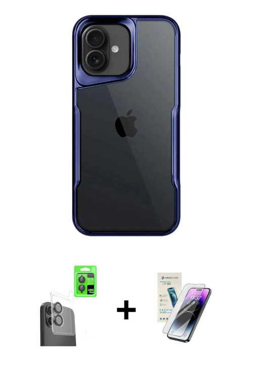 ieg™ iPhone 16 Kılıf Akış Çizgi Koleksiyonu - Şeffaf Pasifik Cam Ekran Koruyucu + Siyah Raze Metal K